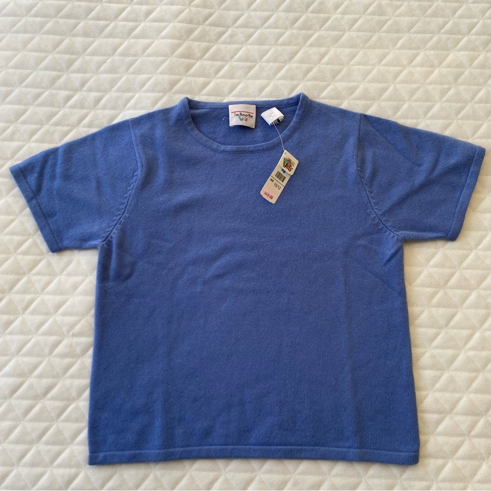 NWT Talbots Kids 100% Cashmere Short Sleeve Top Girls 10-12 Blue Shirt RRP $68